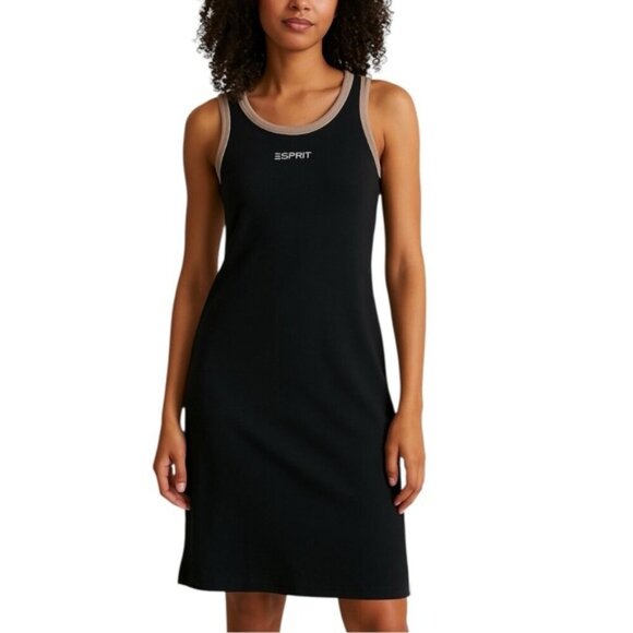 Esprit Ribbed Black & Tan Sleeveless Tank Dress Small Y2K Logo - Picture 1 of 13